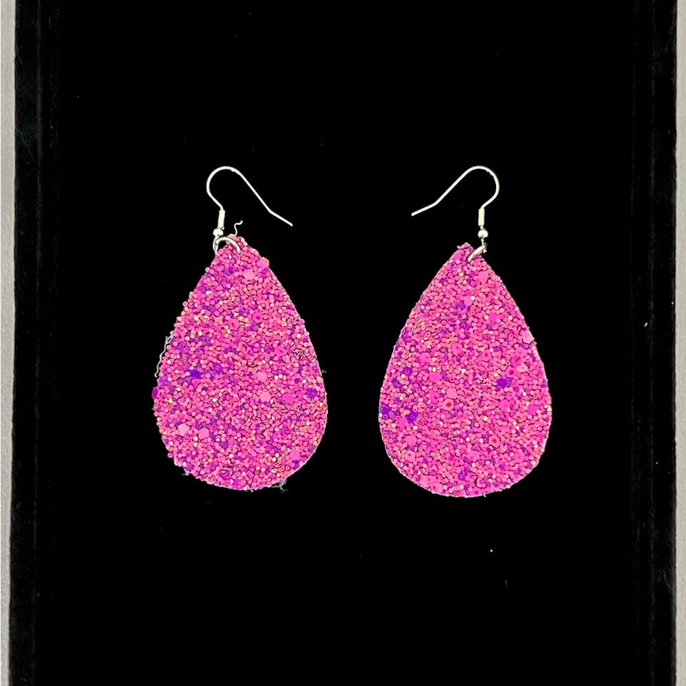 NEW Pink & Purple Glitter PU Leather Teardrop Earrings - Picture 1 of 1